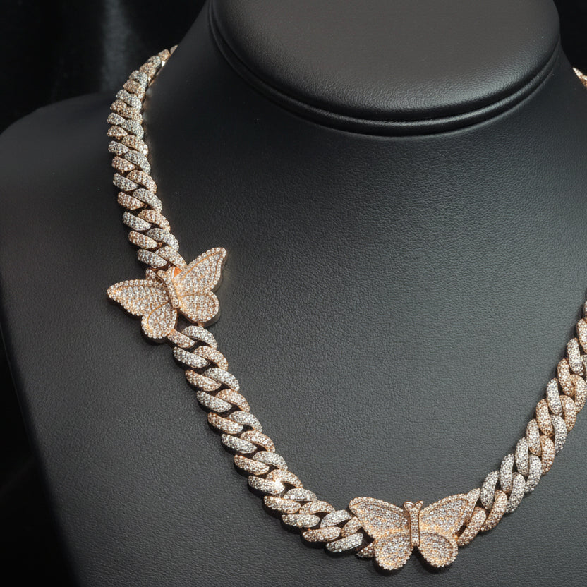 Silver Moissanite Two Tone Butterfly Cuban Necklace