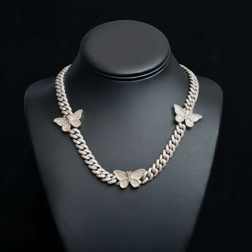 Silver Moissanite Two Tone Butterfly Cuban Necklace