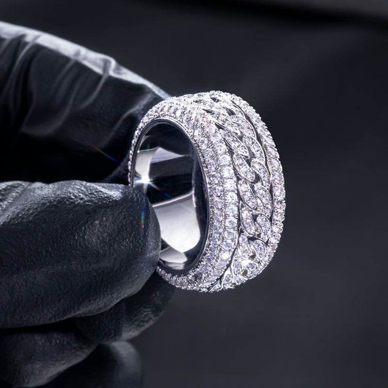 Iced Rotatable Cuban Ring in White Gold