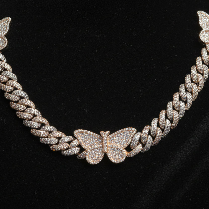 Silver Moissanite Two Tone Butterfly Cuban Necklace