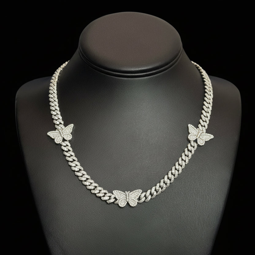 Silver Moissanite Butterfly Cuban Necklace