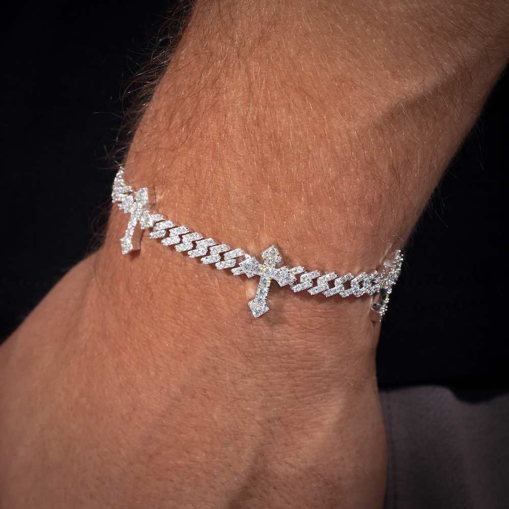 6MM Moissanite Cross Cuban Link Bracelet 14K Gold