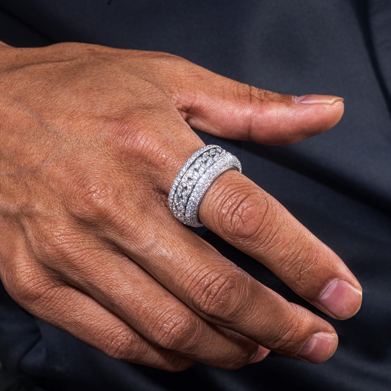 Iced Rotatable Cuban Ring in White Gold