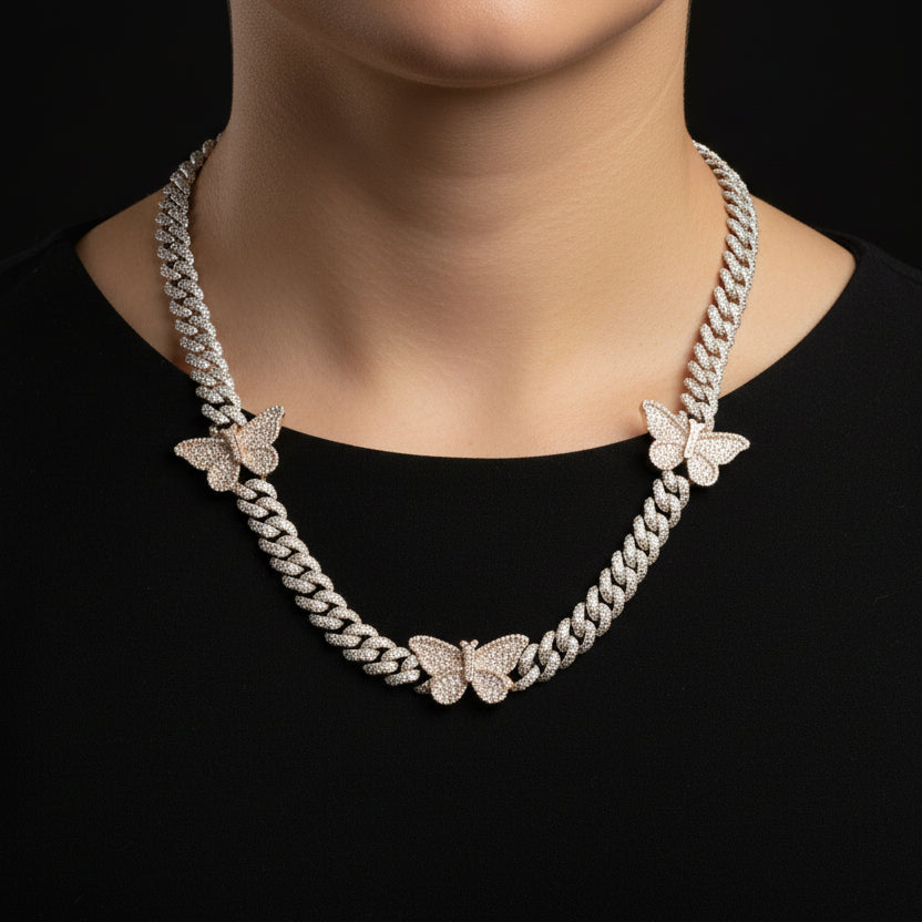 Silver Moissanite Two Tone Butterfly Cuban Necklace