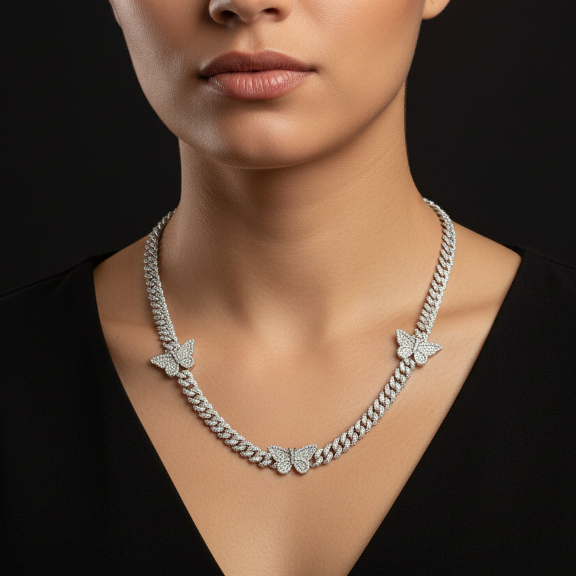 Silver Moissanite Butterfly Cuban Necklace